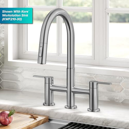 KRAUS Oletto Bridge Kitchen Faucet with Pull-Down Sprayhead in Spot-Free Stainless Steel, KPF-3122SFS - color: Spot Free Stainless Steel, style: Bridge Faucet