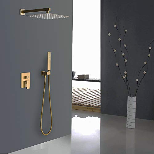 Iriber Brushed Gold Rain Shower System with 10 Inch Shower Head and Handheld Bathroom Wall Mounted Shower Set Contain Shower Faucet Mixer and Trim Kit (Valve Included) - color: Brushed Gold 04