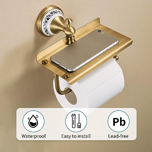 Toilet Paper Holder with Phone Shelf, Bathroom Toilet Paper Roll Holder Antique Bronze Brass Wall Mounted Bathroom Hardware Accessories,Porcelain Design - color: Toilet Paper Holder With Shelf