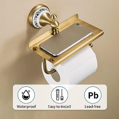 Toilet Paper Holder with Phone Shelf, Bathroom Toilet Paper Roll Holder Antique Bronze Brass Wall Mounted Bathroom Hardware Accessories,Porcelain Design - color: Toilet Paper Holder With Shelf