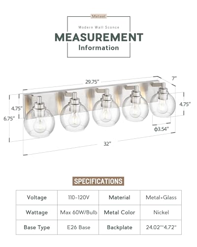 5-Light Brushed Nickel Bathroom Vanity Light, Clear Glass Globes | 32" modern bathroom light fixtures over mirror, E26 base, bulbs not included, VL195-BN-CL-5 - color: Brushed Nickel, Clear Glass, size: 5-light