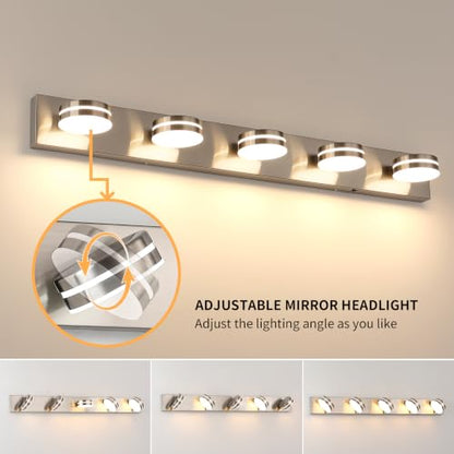 LED Brushed Nickel Bathroom Vanity Lights 5 Light 40.55in | 30W LED Bathroom Light Fixtures Over Mirror, with 360° Rotating Lamp Head, 5CCT Dimmable, Dimmer Switch Not Included - color: Nickel-5CCT-Dimmable