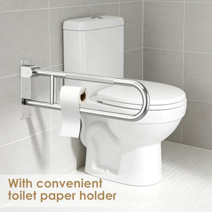 Toilet Grab Bar Support Rail 29.5 Inch, Anti-Slip Knurled Handicap Bathroom Safety Handrails U Shaped Flip-Up with Paper Holder for Elderly Disabled Pregnant, 304 Stainless Steel - size: 29.5in
