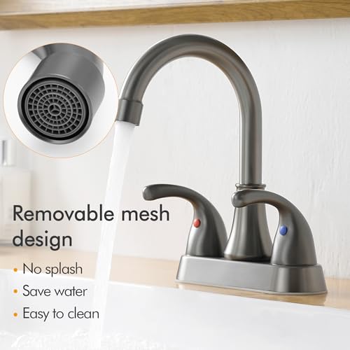 Bathroom Sink Faucet FRANSITON 4 Inch 2 Handle Lead-Free Brushed Grey Bath Sink Faucet with Pop-up Drain Stopper and Supply Hoses - color: BrushedGrey