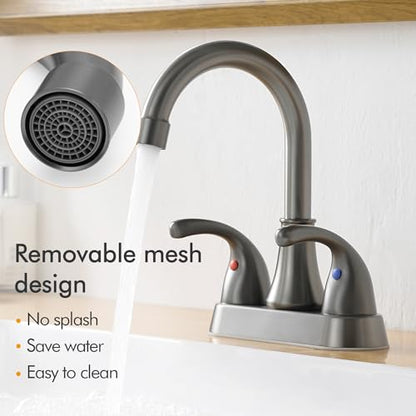 Bathroom Sink Faucet FRANSITON 4 Inch 2 Handle Lead-Free Brushed Grey Bath Sink Faucet with Pop-up Drain Stopper and Supply Hoses - color: BrushedGrey