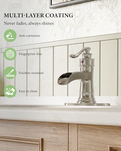 Homevacious Bathroom Faucet Brushed Nickel Waterfall Bathroom Sink Faucets | Single Handle Rustic Vanity Farmhouse RV Faucet Suitable for 1 or 3 Holes with Pop-up Drain Deck Plate Hose by Homevacious - color: Brushed Nickel