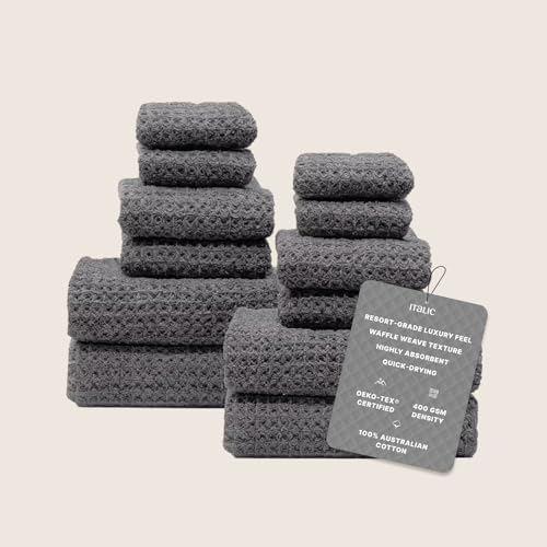 Waffle 12-Piece Family Towel Set – 4 Bath Towels, 4 Hand Towels & 4 Washcloths – Soft, Lightweight, Quick Dry 100% Cotton Waffle Weave for Bathroom & Spa (Charcoal) - color: Charcoal, style: Family 12-Piece Set