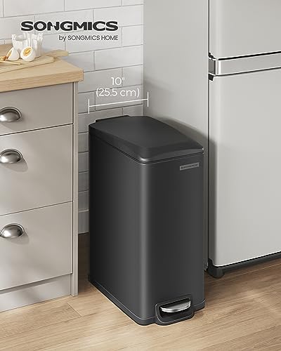 SONGMICS Slim Trash Can, 13-Gallon (50 L) Garbage Can for Narrow Spaces with Soft-Close Lid, Inner Bucket, and Step-on Pedal, Stainless Steel, 15 Trash Bags Included, Black ULTB510B48 - color: Black, style: 13 Gal.