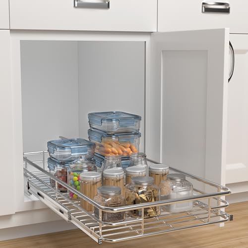 Pull Out Cabinet Organizer 17" W x 21" D, Chrome | Slide Out Kitchen Shelves, Heavy-Gauge Wire Storage Drawer, Ball-Bearing Glides, 100 Lb Capacity, Min 18" Cabinet Opening - size: T17" W x 21" D