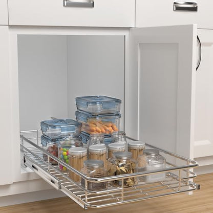 Pull Out Cabinet Organizer 17" W x 21" D, Chrome | Slide Out Kitchen Shelves, Heavy-Gauge Wire Storage Drawer, Ball-Bearing Glides, 100 Lb Capacity, Min 18" Cabinet Opening - size: T17" W x 21" D