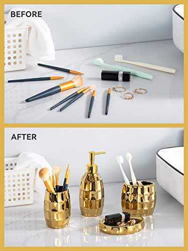 Bathroom Accessories Set, Golden Mosaic Ceramic Bathroom Accessory Sets Include Lotion Dispenser, Toothbrush Holder Tumbler, and Soap Dish - color: Gold 014