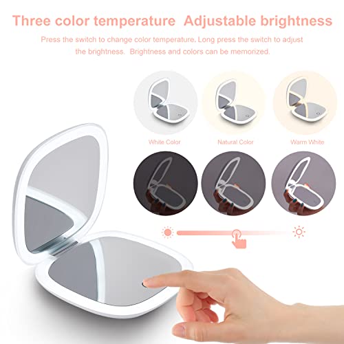 Mocado Compact LED Magnifying Travel Makeup-Mirror - 4 inches 1X/10X Magnification Small Hand Pocket Dimmable Double Sided USB Rechargeable Touch Screen, Portable Tabletop Cosmetic (White) | Double Sides Lighted, 3 Colors Lighting, 0-100% Brightness, Diam