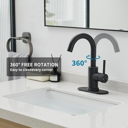 Black Bathroom Faucet 1 Hole,Wet Bar Sink Faucet with Pop-Up Drain,Stainless Steel Single Handle Small Kitchen Faucet with 4 in Deck Plate,360°Swivel Faucet for Farmhouse Vanity Sink Lavatory and RV - color: Black, style: Rotatable
