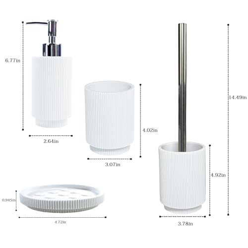 White Ribbed Resin Bathroom Accessory Set,Soap Dispenser,Toothbrush Holder | 4 Pack Bath Counter Decor,Soap Pump Dispenser, Toothbrush Cup,Toilet Brush & Soap Tray,Moisture Resistant Easy Clean Durable