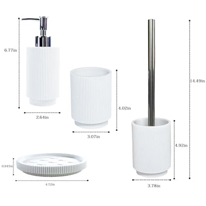 White Ribbed Resin Bathroom Accessory Set,Soap Dispenser,Toothbrush Holder | 4 Pack Bath Counter Decor,Soap Pump Dispenser, Toothbrush Cup,Toilet Brush & Soap Tray,Moisture Resistant Easy Clean Durable