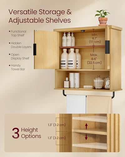 VASAGLE MAXE Collection - Bathroom Cabinet Wall Mounted, Over Toilet Hanging Cabinet with Adjustable Shelf, Towel Bar, Fluted Doors, 7.9 x 23.6 x 28.7 Inches, Transitional, Oak Beige UBBK135Y01S - color: Oak Beige, style: 2Doors（28.7"H）