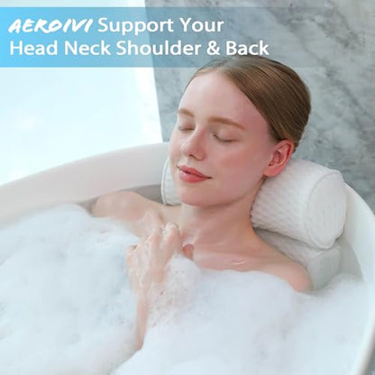 AEROiVi Luxury Bath Pillows for Tub Soft Mesh Strong 6 Suction Cups White | Bath Pillow with laundry bag head and neck support Relaxing Bath Washable Quick-Dry Bath Accessories Spa Gifts - color: White