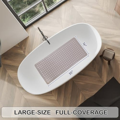 Non-Slip Bathtub and Shower Mats, Power Grip Bath Mat 35 x 16.3 Inch with Suction Cups and Drain Holes for Tub Bathroom Floor Safety, Machine Washable Soft Bathmat, Tan - color: Tan
