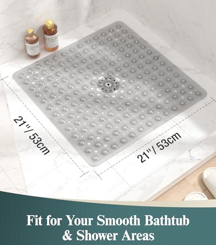 HITSLAM 21x21 Inch Square Shower Mat Non Slip, Anti Slip Bathtub Mat with Strong Suction Cups & Drainage Holes, Machine Washable Bathroom Floor Mat for Inside Shower Stall and Tub, Grey - color: Grey