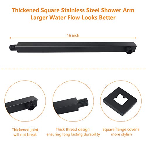Shower Head with Extension Arm, High Pressure Square with ShowerArm, Stainless Steel Rainfall -Waterfall Full Body Coverage (12'' Shower with 16'' Arm, Matte Black) - color: Matte Black, size: 12'' Shower with 16'' Arm