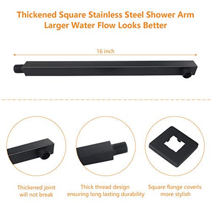 Shower Head with Extension Arm, High Pressure Square with ShowerArm, Stainless Steel Rainfall -Waterfall Full Body Coverage (12'' Shower with 16'' Arm, Matte Black) - color: Matte Black, size: 12'' Shower with 16'' Arm