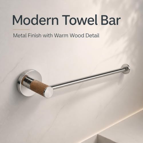 Hand Towel Holder for Bathroom, 9.4'' Wall Mounted Towel Bar, Stainless Steel Towel Rack with Wood Accent, Polish Bathroom Towel Holder for Hand Towels, Kitchen Sink Towel Bar