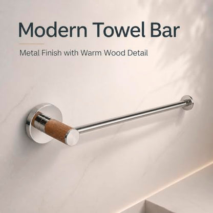 Hand Towel Holder for Bathroom, 9.4'' Wall Mounted Towel Bar, Stainless Steel Towel Rack with Wood Accent, Polish Bathroom Towel Holder for Hand Towels, Kitchen Sink Towel Bar