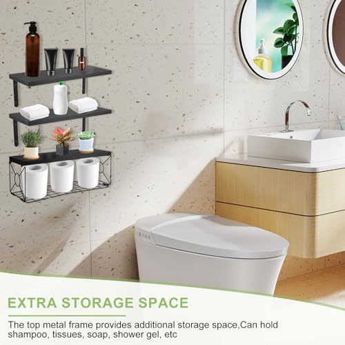 Floating Shelves with Wire Storage Basket, Bathroom Shelves Over Toilet with Protective Metal Guardrail, Versatile Storage Function Hanging Storage Wall Shelf for Bathroom, Bedroom, Living Roomv