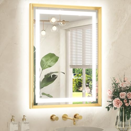 24 x 32 Bathroom LED Mirror Brushed Gold Metal Frame Frontlit & Backlit Vanity Mirror Anti-Fog Stepless Dimmable 3 Colors White/Warm/Natural Mirror with Lights Wall-Mounted - color: Brushed Gold, size: 32"L x 24"W