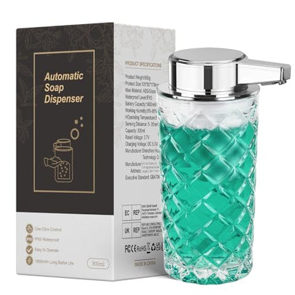 Automatic Soap Dispenser Foam for Kitchen: 11 OZ Glass Touchless Clear Auto Foaming Soap Dispenser for Bathroom - Hand Dish Lotion Home Countertop Kids - Family Couple - color: Diamond Style Foam