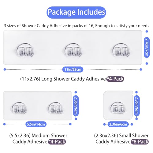 Shower Caddy Adhesive - Strong Shower Caddy Adhesive Hooks Replacement, Waterproof Shower Adhesive Strips, No Drilling, for Bathroom Storage Shelves and Kitchen Racks 16 Pack