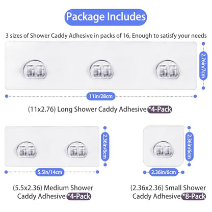 Shower Caddy Adhesive - Strong Shower Caddy Adhesive Hooks Replacement, Waterproof Shower Adhesive Strips, No Drilling, for Bathroom Storage Shelves and Kitchen Racks 16 Pack