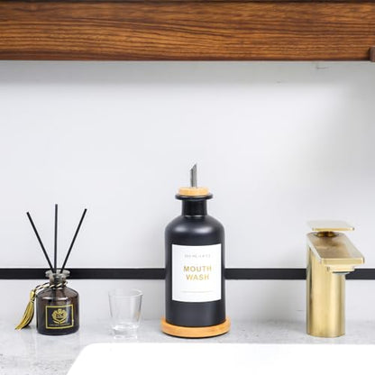 11.8OZ Glass Mouthwash Dispenser for Bathroom, Black | Stainless Steel & Bamboo Nozzle, Mouthwash Cup Reusable, Bamboo Tray, Elegant Gold Sticker - color: Black/350*1