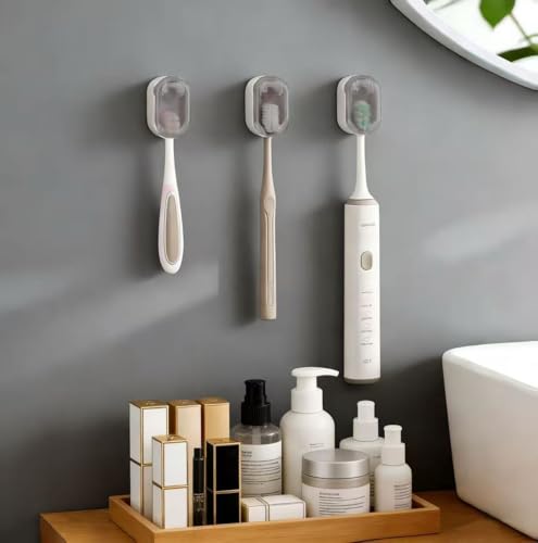 3 Pack Toothbrush Holder, Auto-Flip Cover & Dustproof (Gray) | Wall Mount Toothbrush Organizer, Detachable Design, Fits Manual & Sonic Brushes, Bathroom Storage for Family & Travel - color: Gray 3pcs