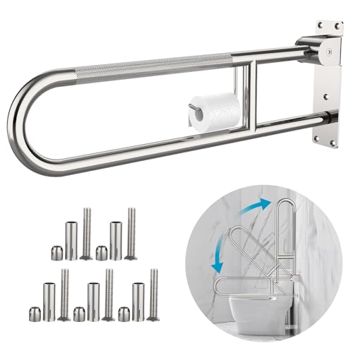 Toilet Grab Bar 32 Inch Chrome, Munzong Anti-Slip Handicap Grab Bars with Paper Holder, Flip-Up Bathroom Safety Rails, Stainless Steel Knurled Support handrails for Seniors Elderly Disabled Pregnant - color: Chrome, size: 32 Inch