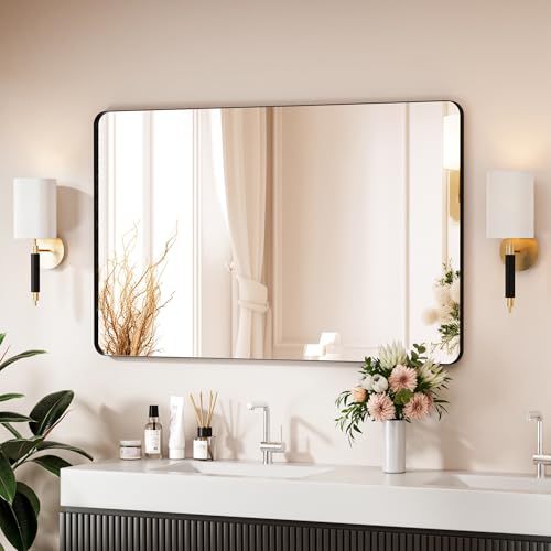 Black Bathroom Mirror 48X30 Inch Bathroom Vanity Mirror for Wall, Metal Frame Large Mirror, Tempered Glass, Modern Wall Mirror for Bathroom, Farmhouse, Horizontally or Vertically Hanging - color: Black, size: 48"L x 30"W