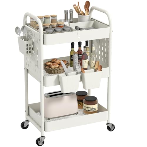 Craft Cart, Black Rolling Cart with Retractable Dividers & DIY Pegboards for Kitchen, Bedroom, Laundry - color: White
