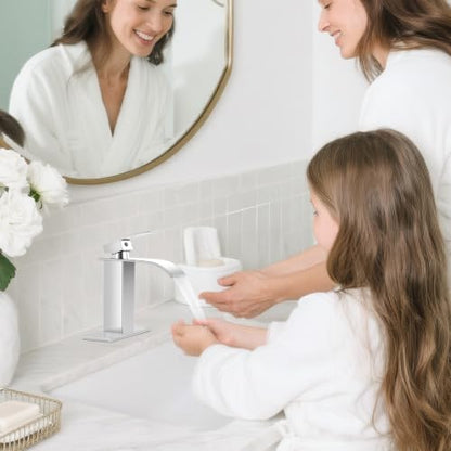 Chrome Bathroom Faucets, Waterfall Bathroom Sink Faucet | Single Handle, Stainless Steel, Vanity Faucet with Deck Plate, Pop-up Drain, For 1 or 3 Hole, RV, Farmhouse - color: A-Chrome