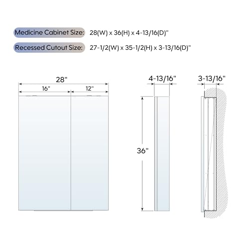 28" x 36" Bathroom Medicine Cabinet with Mirror, Anodized Chrome Aluminum Frame, Surface Mount or Recessed Medicine Cabinet with Mirror, Bathroom Mirror with Storage, Double Doors - size: 28"x36"-A