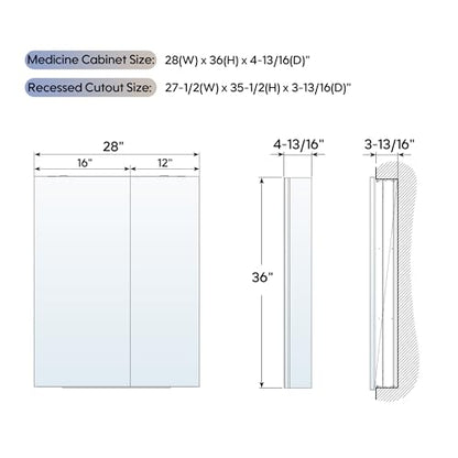 28" x 36" Bathroom Medicine Cabinet with Mirror, Anodized Chrome Aluminum Frame, Surface Mount or Recessed Medicine Cabinet with Mirror, Bathroom Mirror with Storage, Double Doors - size: 28"x36"-A