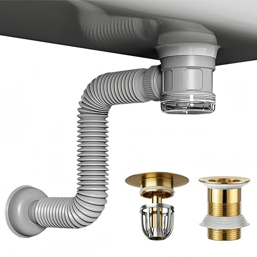 Bathroom Sink Drain Kit with Flexible Expandable Pipe: Odor-Free & Backflow-Preventing, Space-Saving Design without a P-trap, For 1-1/4'' & 1-1/2'' Drain Hole (Gold, Without Overflow) - color: Gold, size: Without Overflow