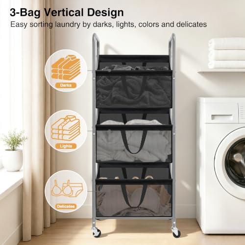 STO STO 3-Tier Vertical Rolling Laundry Hamper, Removable Bags, Black Mesh | 120L Capacity, Space-Saving Vertical Design, Rust-Resistant Steel Frame, Lockable Wheels, Ideal for Apartments & Small Spaces - color: Black Mesh, size: 3-Tier