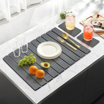 3Pcs Water Absorbing Stone Drying Mats for Kitchen Counter Diatomite Dish | Large Fast Dry Stone Sink Mat Dish Drying Matt Pad Bathroom Trays Countertop Black Diatomaceous Earth Dish Draining Mat - color: Dark Gray
