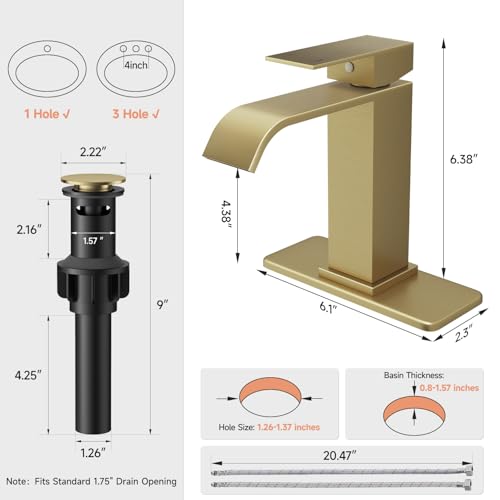 Brushed Gold Bathroom Faucets Evolvegoods Modern Waterfall Bathroom Faucet | Single Handle 1 or 3 Hole Bathroom Sink Faucet RV Mixer Tap Vanity Faucet with Deck Plate Pop-up Drain and Supply Lines - color: Brushed Gold