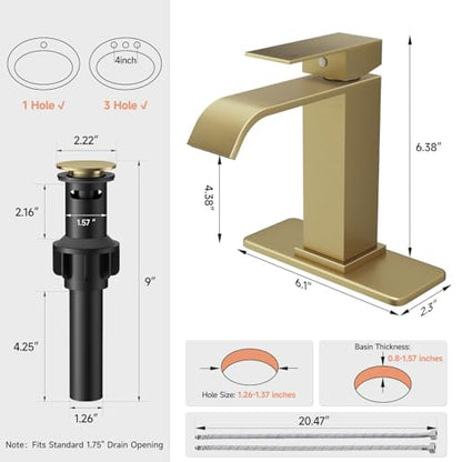 Brushed Gold Bathroom Faucets Evolvegoods Modern Waterfall Bathroom Faucet | Single Handle 1 or 3 Hole Bathroom Sink Faucet RV Mixer Tap Vanity Faucet with Deck Plate Pop-up Drain and Supply Lines - color: Brushed Gold