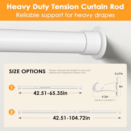 Tension Curtain Rod 43-104 Inches Extra Long White Heavy Duty | Tension Rods Adjustable Curtain Rod No Drilling Spring Loaded Tension Rod for Windows Patio Curtains and Non Slip - color: White, size: 43 to 104 inches