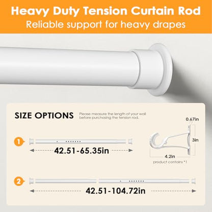 Tension Curtain Rod 43-104 Inches Extra Long White Heavy Duty | Tension Rods Adjustable Curtain Rod No Drilling Spring Loaded Tension Rod for Windows Patio Curtains and Non Slip - color: White, size: 43 to 104 inches