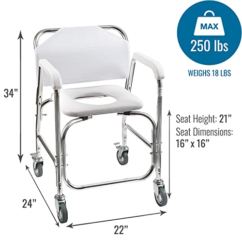 DMI Rolling Shower Chair, Commode, Transport Chair, FSA Eligible, Rolling Bathroom Wheelchair for Handicap, Elderly, Injured or Disabled, 250 Lb. Weight Capacity, Aluminum Frame, White