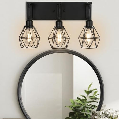 Somniferous Farmhouse Bathroom Light Fixtures, 3 Light Bathroom Vanity Lights Over Mirror, Black Vanity Light with Caged Metal Shade, Rustic Wall Sconce for Bedroom, Living Room, Hallway, E26 Socket - size: 3-Light