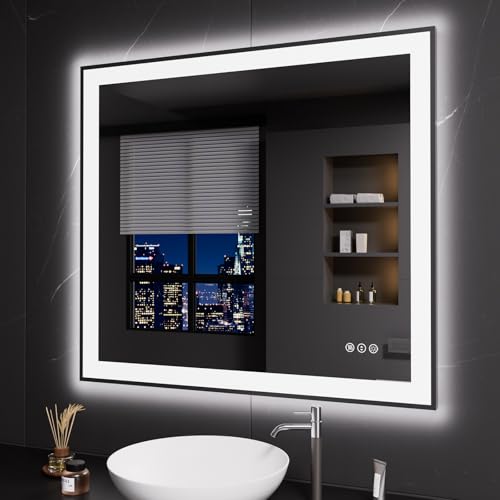 LOAAO 40"X36" LED Bathroom Mirror Black Framed | Anti-Fog, Dimmable, Memory Function, Tempered Glass, Lighted Vanity Mirror for Wall - size: 40"L x 36"W